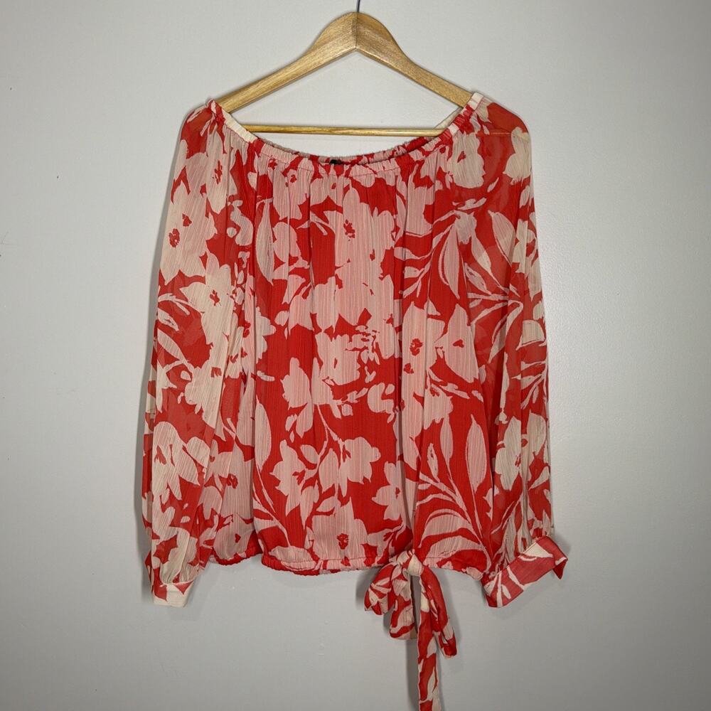 Vince Camuto Floral Off the Shoulder Tie Hem Top XL Cayenne Floral Blouse Flowy